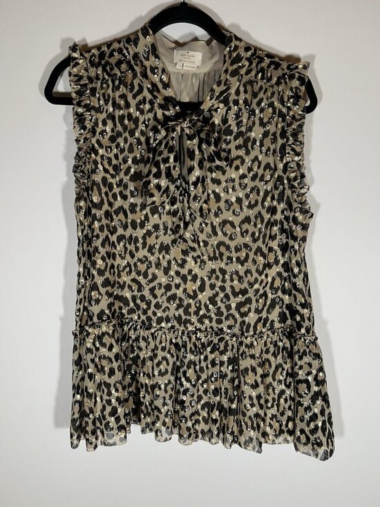 KATE SPADE leopard animal print metallic ruffle sleeveless blouse peplum tie L - Picture 1 of 8